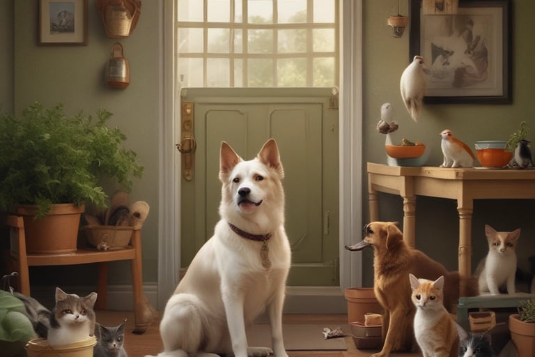 Groupe de chiens et chats paisibles dans un salon ensoleillé avec plantes vertes et décoration rusti