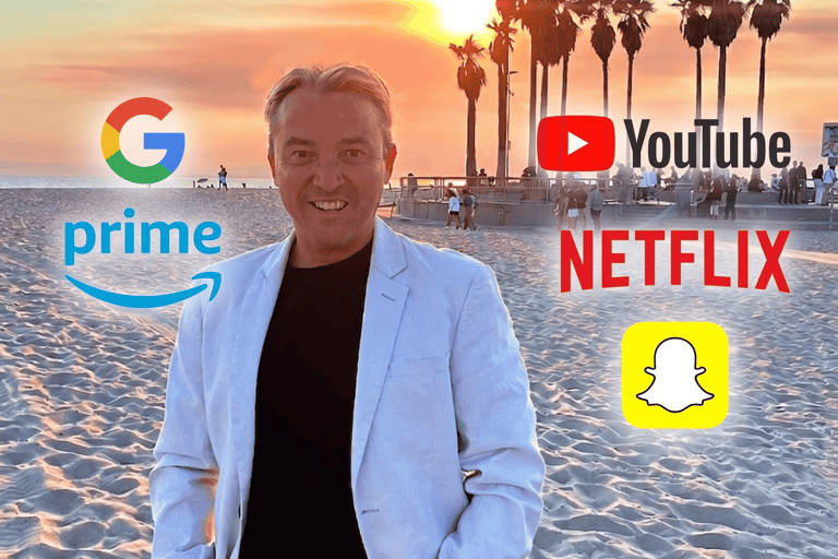 Craig Rosie Rosevear, LA relocation expert, on Santa Monica beach with logos for Google, Amazon, and