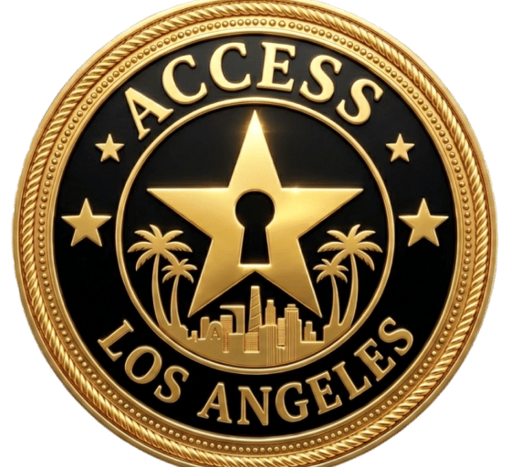 Official seal for Access Los Angeles Agency, featuring a gold star keyhole and palm trees. Specializ