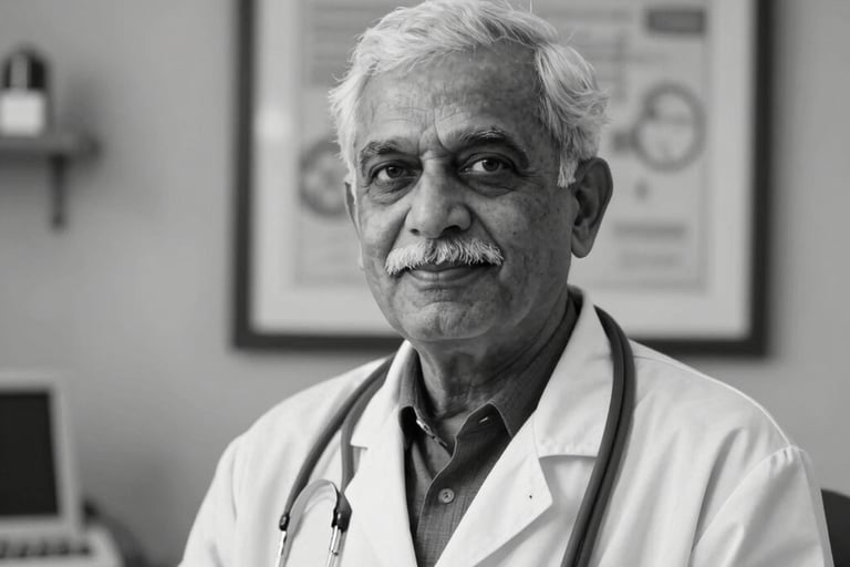 A dignified black and white framed portrait of an elderly South Asian doctor with a kind expression, placed in a clean, professional medical office.