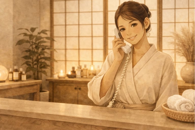 Ilustración soma de recepción spa oriental con terapeuta atendiendo una llamada.
