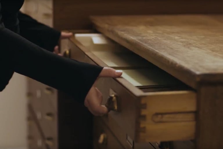 Hands opening a plan chest in an archive store