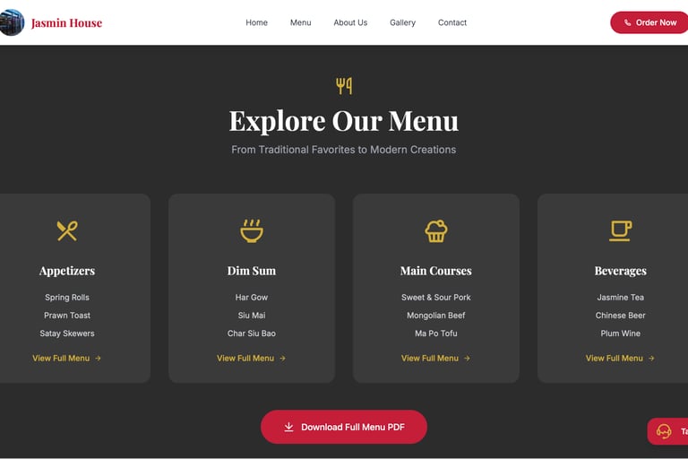 Jasmin House restaurant digital menu featuring categories for appetizers, dim sum, main courses, and beverages.