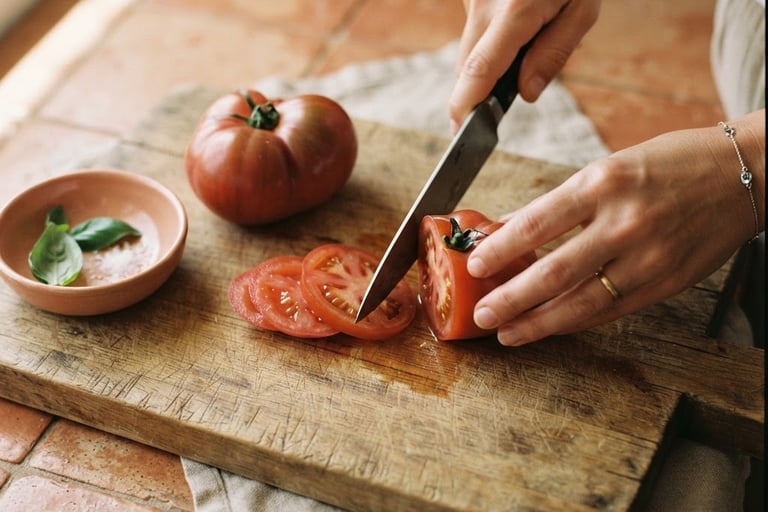 Personal Chef, chef privada, chef a domicílio, cortando tomates  para una alimentación saludable. 