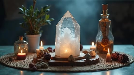 A magical altar setup with crystals and candles.