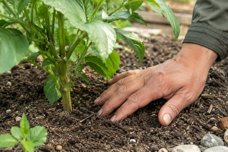 Hand checking soil moisture near a garden plant