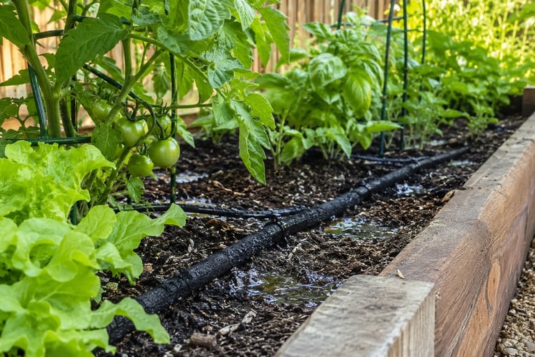 Soaker hose watering vegetables in a raised garden bed