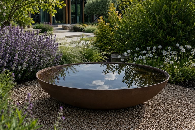 Reflective water bowl surrounded by garden plants