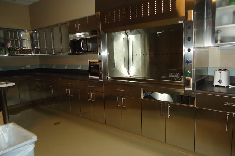 Commercial Steel kitchen for a large-scale retail environment.