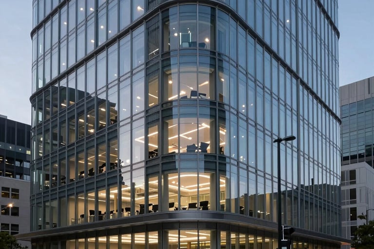 A sleek, professional photography of a modern glass-walled office in a North American city at dusk, with subtle blue and grey lighting, showing a clean, authoritative environment for innovation.