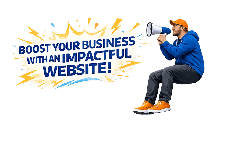A man uses a megaphone to boost your business with an impactful website for digital marketing growth.