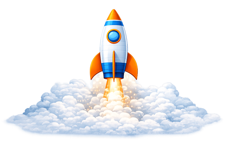 A colorful cartoon rocket ship launching into space with fire and white smoke clouds.