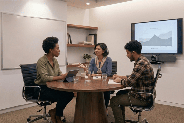 People sitting around an office table for a strategy meeting