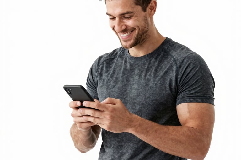 Smiling man in fitness apparel using a smartphone with an armband and wireless earbuds.