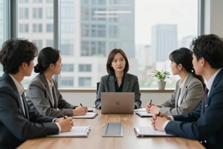 A sophisticated, clean office space in a US city where foundation leaders are gathered for a productive meeting. The setting exudes trustworthy professionalism, with soft natural lighting and a focus on compassionate leadership.