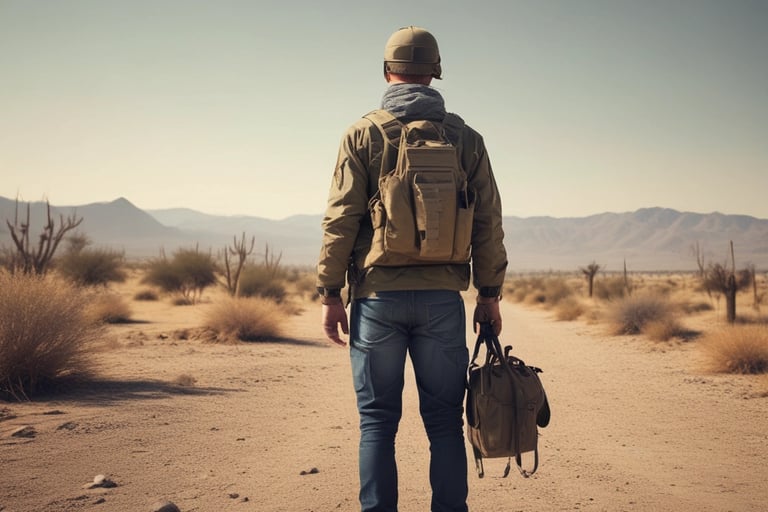 A male traveler with a backpack and duffel bag standing in a vast desert landscape with mountains.