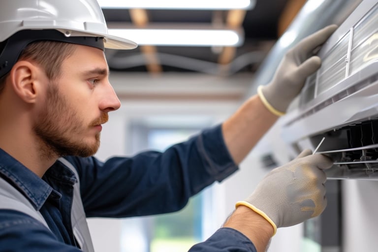 Professional HVAC technician in a hard hat performing air conditioning maintenance and filter repair.