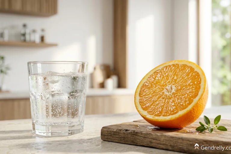 Sliced Seville orange and mineral water in a wellness clinic, representing the 30-second Spanish metabolism ritual biohack.