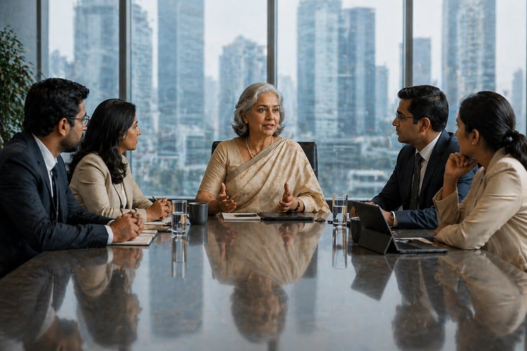 A diverse group of business professionals in a corporate boardroom meeting overlooking a city skyline.
