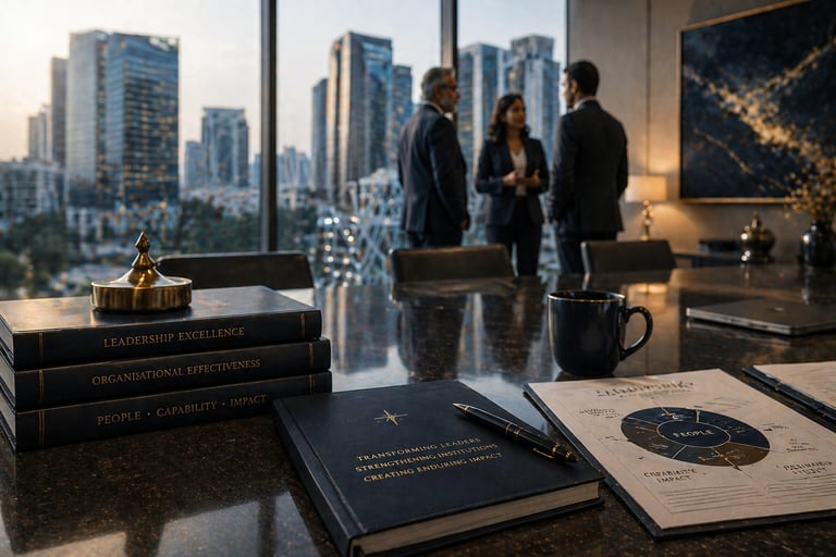 Business executives discussing leadership excellence in a modern office overlooking a city skyline.