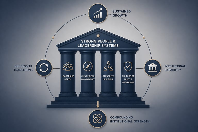 Business infographic representing strong people and leadership systems for sustained growth.