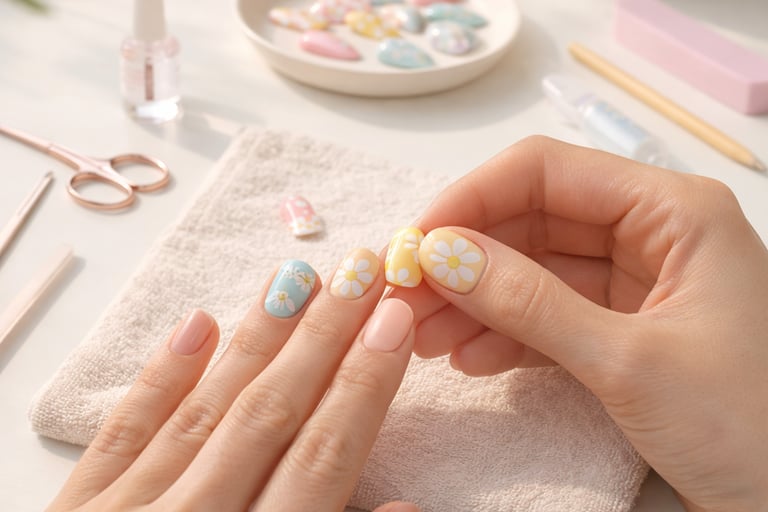 Hand-painted floral nail art featuring yellow and blue daisy designs with manicure tools on a towel.