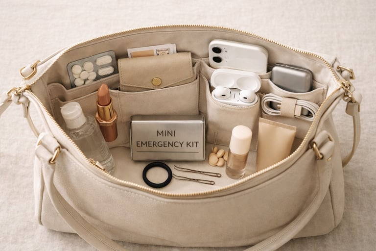 Beige purse organizer insert with emergency kit, makeup, and electronics for handbag storage.
