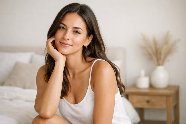 A smiling woman with glowing skin sits in a bright, modern bedroom during a morning skincare routine.
