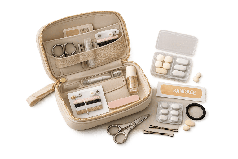 Portable travel emergency kit with sewing supplies, bandages, and medication in a compact case.