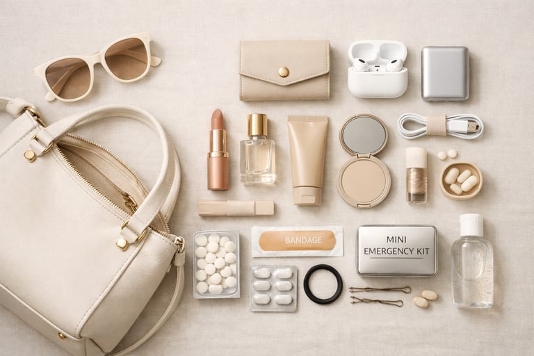 Flat lay of beige leather handbag essentials including makeup, sunglasses, and a mini emergency kit.