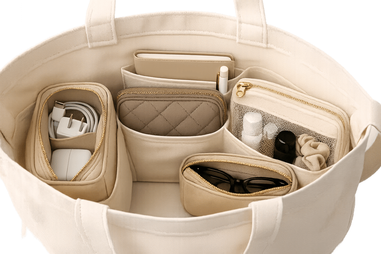 Organized canvas tote bag with beige inserts for tech cables, sunglasses, and toiletries.