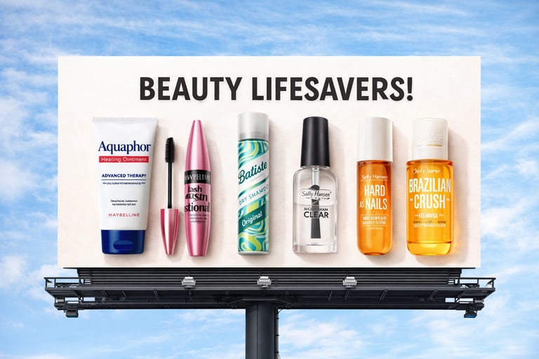 A billboard featuring essential beauty products like Aquaphor, Batiste dry shampoo, and Maybelline mascara.