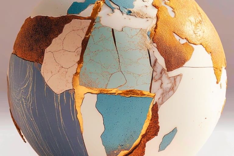 Kintsugi-style earth globe art piece with cracked textures and gold leaf repairs.