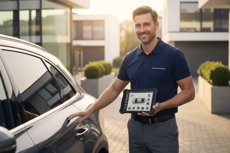 Chauffeur professionnel Convoi-RM effectuant le départ d'un convoyage de voiture à domicile.