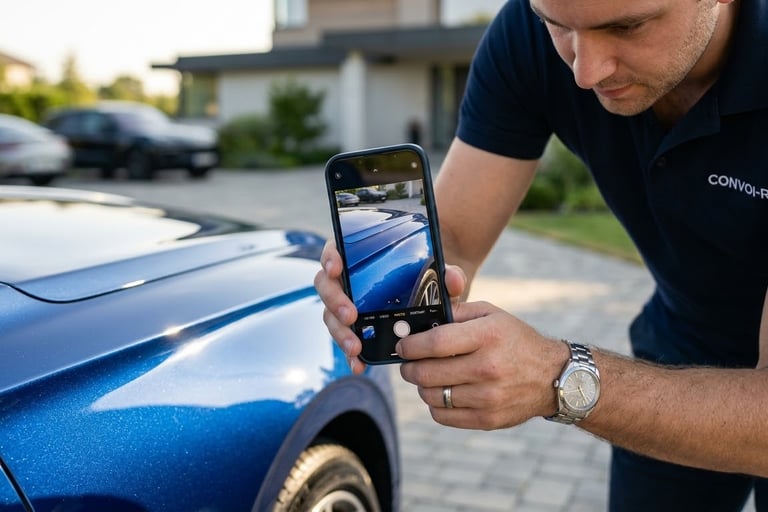 Inspection contradictoire minutieuse de l'état des lieux d'une auto  luxe propre par un convoyeur