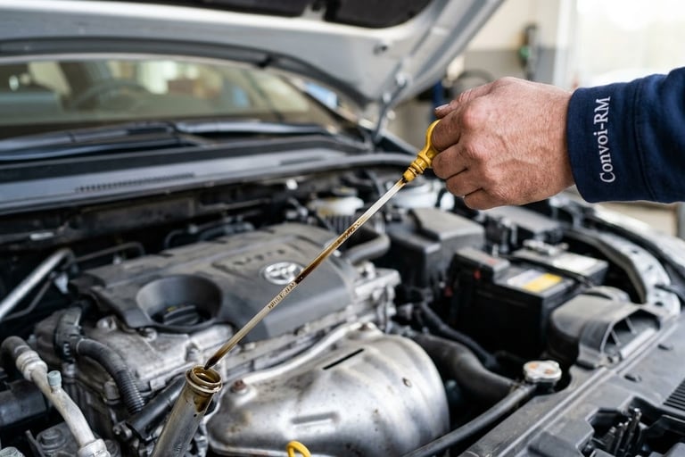 Vérification du niveau d'huile moteur et des fluides avant un convoyage technique