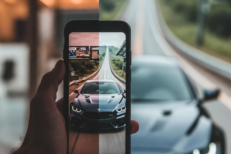 Acheteur consultant une annonce auto sur smartphone avec vue sur la route, concept d'achat de voitur