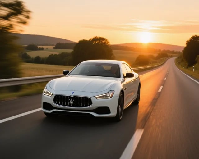 Voiture premium roulant sur une autoroute au coucher du soleil lors d'un convoyage longue distance