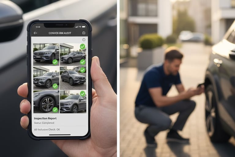 Rapport d'état des lieux numérique sur application mobile lors d'une livraison de véhicule.