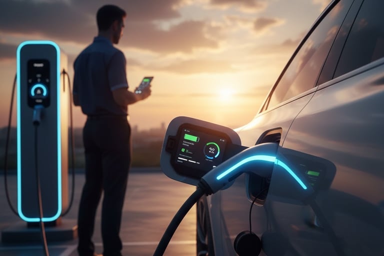 Recharge d'une voiture électrique par un convoyeur sur une borne de recharge rapide en France.