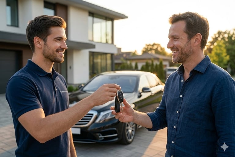 Convoyeur professionnel expliquant les options technologiques à un client lors de la livraison