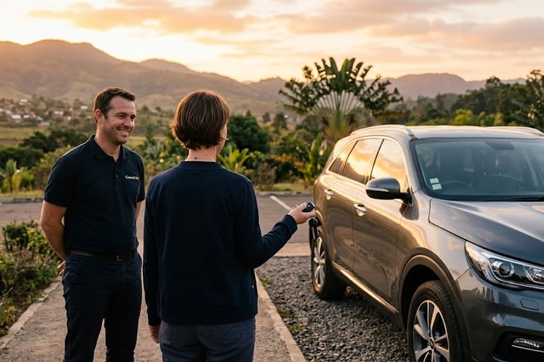 Propriétaire serein et satisfait après la livraison réussie de son véhicule par Convoi-RM