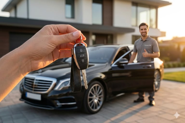 Client heureux tenant les clés de sa voiture de luxe après une livraison à domicile réussie