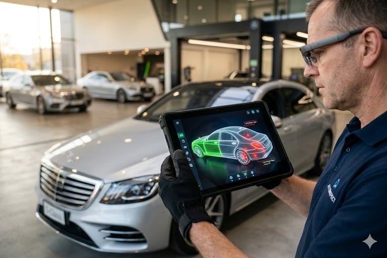 Tablette affichant un rapport d'inspection auto par IA avec certification blockchain Convoi-RM.