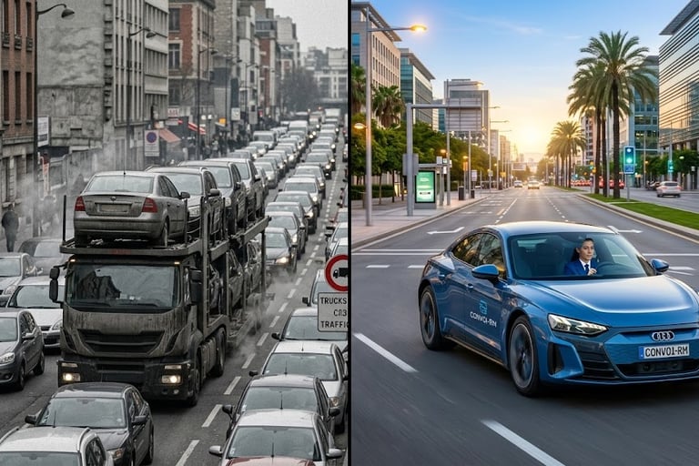 Comparaison visuelle entre la logistique lourde par camion porte-voitures et l'agilité du convoyage