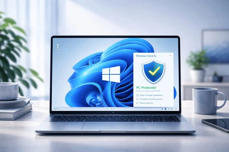2026 best antivirus Windows 11 laptop displaying Windows Security with active protection shield indows-security-protection