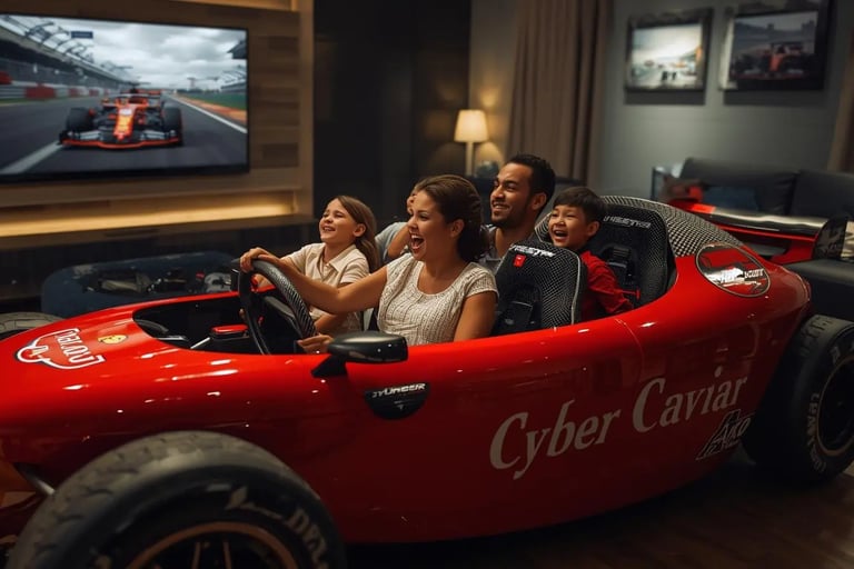 Multi-ethnic family on a realistic red Formula 1 car sofa in a living room, watching a race on a large TV screen.