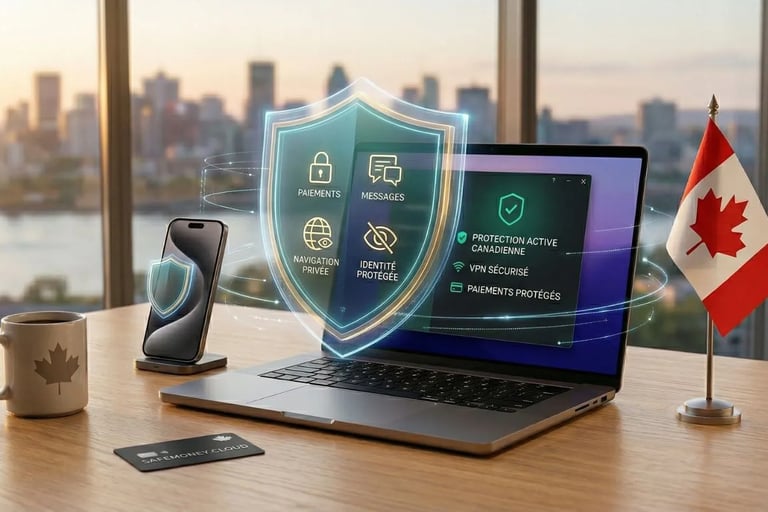 Ordinateur portable avec interface de sécurité en français Canada. Bouclier holographique montrant protection VPN & paiement.