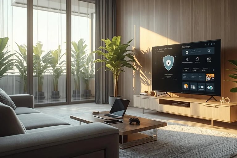 Modern luxury living room with smart TV, laptop, tablet, smartphone and gaming console protected by unified security suite