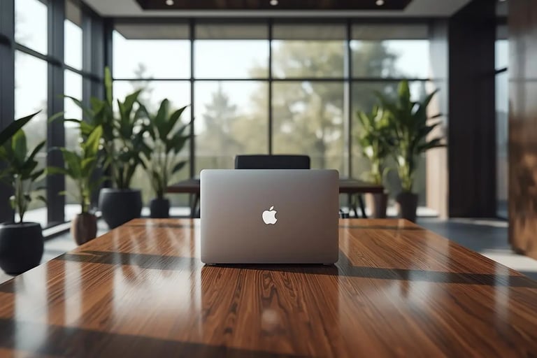 Luxury macOS security setup with premium MacBook and visible Apple logo in a modern executive office